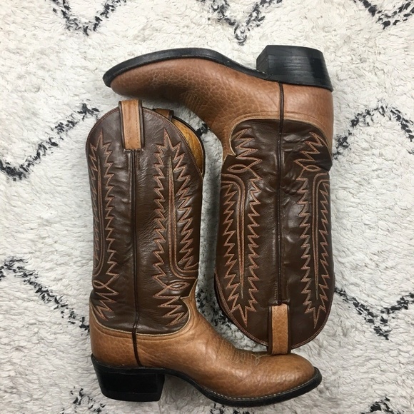 Tony Lama Shoes - Tony Lama Two Tone Brown Leather Western Cowboy